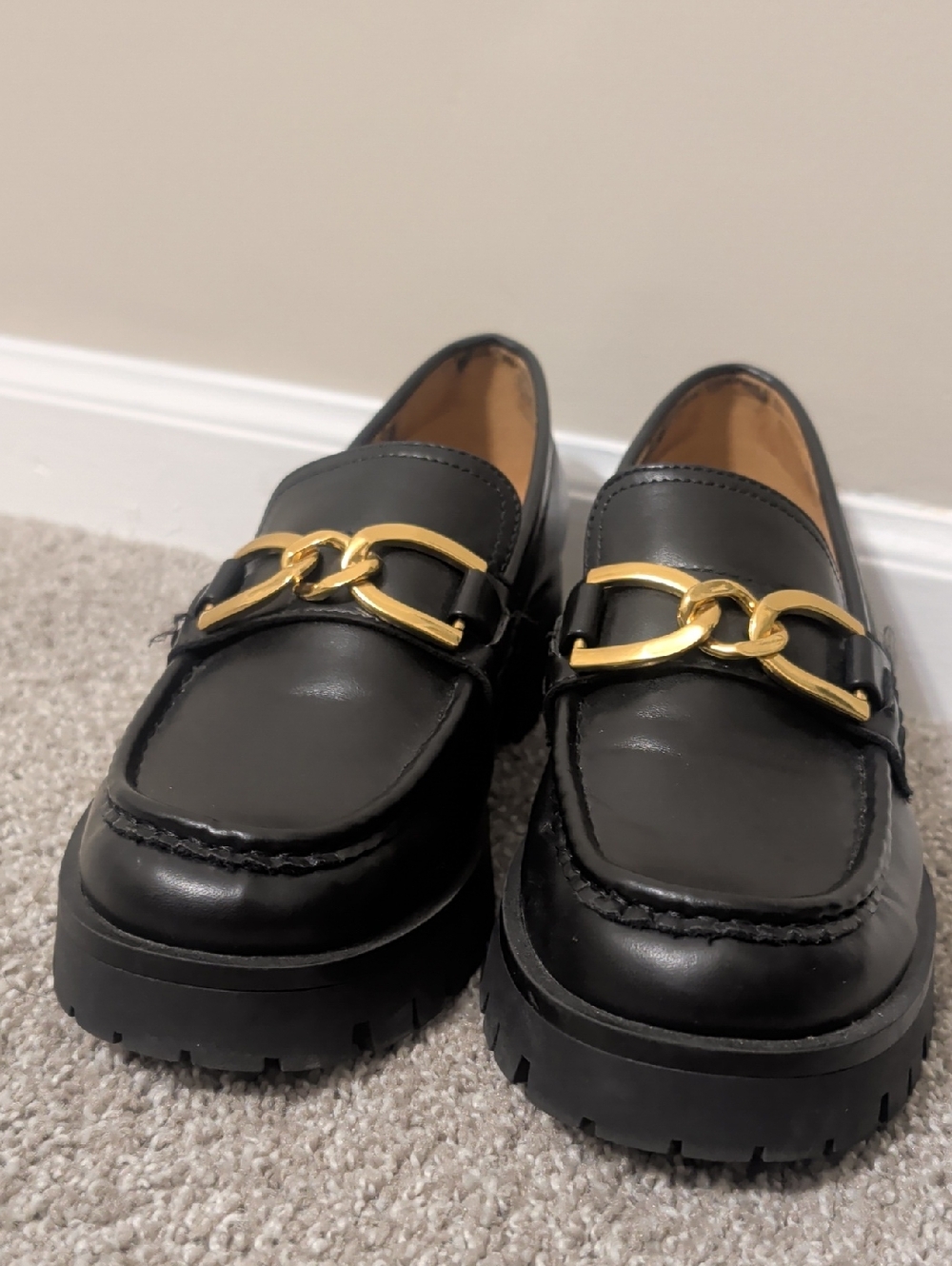 Steve Madden Black Leather Loafers with Gold Chain Detail